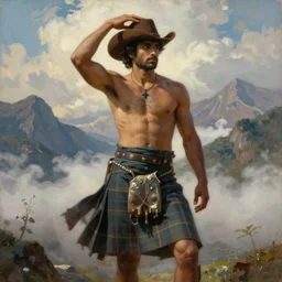 a dramatic epic beautiful painting of a shirtless desi man wearing a kilt and cowboy hat | background is mountains and clouds | by mark maggiori and walter crane | trending on artstation