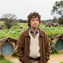 frodo baggins in the shire surrounded by hobbit holes In the style of moebius, detailed 4k photograph, HDR, very detailed