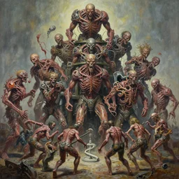 oil paint of 1 1 horrifying machines as autolysis idols, wearing flayed gods, in tiers, colossal medical gangrene machines in tiers, warty moods, anger, dethroning melee, battle pit, by shigeru komatsuzaki, by alberto bontempi, basil gogos, alex ross, wayne d barlowe, boris vallejo, stefano tamburini