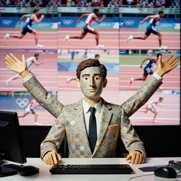 a perfect formal portrait of an accountant at a desk. he is covered in geometrical floral wallpaper, a papier mache parody of himself. his arms are bifurcating exponentially and the background is a glitched montage of olympic sprinters in reverse video inverted colours. 3 5 mm film, studio lighting, perfect focus