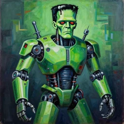 detailed painting green cyberpunk mechanical robotic frankenstein monster from the 8 0 s vibe cubism painting by picasso