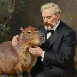 an epic painting of vladimir lenin petting capybara, oil on canvas, anime style, makoto shinkai, animation film, beautiful detailed, photorealistic, deep focus, fantasy, intricate, elegant, highly detailed, digital painting, concept art, illustration