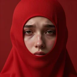beautiful face pressing through elastic fabric, sad, highly detailed, modern, digital art, red color, unreal engine, photorealism, cinematic lighting, 8k photorealistic, dramatic, trending on artstation, by Greg Rutkowski