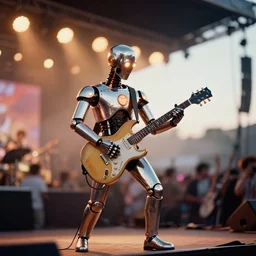 a 2 8 mm macro kodachrome photo of a metallic cyborg with glowing lights playing electric guitar on a stage at a festival in the 1 9 5 0's, seen from a distance, bokeh, canon 5 0 mm, cinematic lighting, film, photography, golden hour, depth of field, award - winning