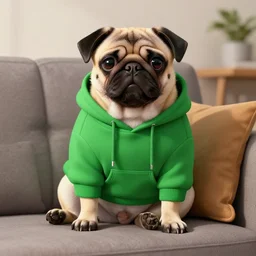 a Pug wearing a green hoodie sitting on a couch, digital art, trending on artstation, HDR, nicely detailed