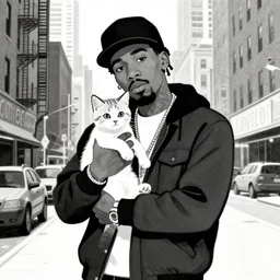 storybook illustration of a rapper in 1 9 9 0 new york holding a kitten up to the camera, storybook illustration, monochromatic
