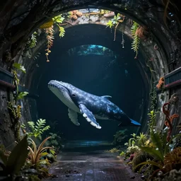 a whale swimming alone, in an empty dark flooded london underground tunnel, overgrown with aquatic plants