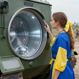 ukrainian girl, in blue and yellow clothes, looking on putin on tank with washing machine, concept art, trending on artstation, highly detailed, intricate, sharp focus, digital art, 8 k