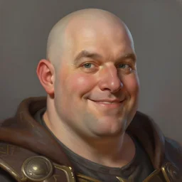 a head - on detailed oil portrait of a friendly round - faced bald male man with a friendly smile, by charlie bowater, lise deharme, wlop, trending on artstation, dungeon and dragons art, critical role
