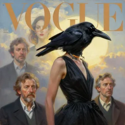 morning, a woman in a black dress with a raven for head. sun, cinematic, clouds, vogue cover style, contracting colors mood, realistic painting, intricate oil painting, high detail, figurative art, multiple exposure, poster art, 3 d, by simon bisley, ismail inceoglu, wadim kashin, filip hodas.