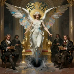terrible abstract angel emerging from black hole in art deco byzantine throne room, photorealistic concept art by beksinski and greg rutkowski gammell and anato finnstark and rembrandt