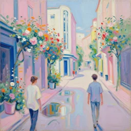 acrylic painting, impressionism and expressionism, strong emotional impact, bold pastel colors, expressive brushstrokes, puddles, an art deco streetscape lined with beautiful flowers, by liam wong and tyler edlin, trending on artstation