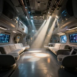 spaceship living quarters, dramatic lighting, godrays, by zaha hadid and airbus, architectural photography, 8 k, realistic lighting, reflections, bloom, hyperdetailed environment, pbr materials.