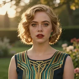 Elle Fanning, head and shoulders masterpiece, in space, golden hour, in a garden, artstation, in the style of Art Deco and Edward Hopper and Bosch