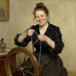 A 50 year old  woman with hair in a bun who looks like Barbara Streisand, is spinning yarn on a spinning wheel, smiling, happy, content, by john singer sargent