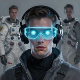 neon cyberpunk programmer with glowing geordi cyclops visor over eyes and sleek headphones headshot desaturated portrait painting by donato giancola, dean cornwall, rhads, tom whalen, alex grey astronaut fashion photography