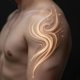 a tribal tattoo made of thin swirling light streaks and ornate flowing light streams and smooth particle effects, unreal engine