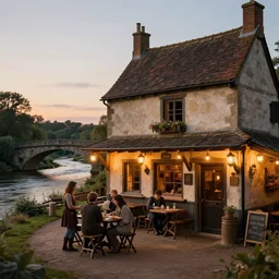 beautiful warm tavern seen from the outside by four adventures, middle age, river crossed by a bridge next to the tavern, crepuscular light, trending on artstation, sharp details
