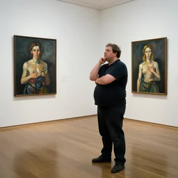 a man, slightly overweight, standing in the middle of an empty room thinking about what he's going to do next, by lucian freud and jenny saville