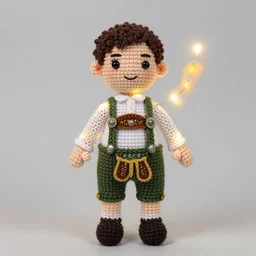 amigurumi of a man in a mesh shirt and lederhosen and bendy lights