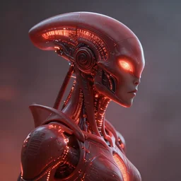 sophisticated portrait of glowing, warm, sharp edges, sleek contours, textured, reddish, atmospheric, misty, leds, futuristic cybernetic warrior alien in profile, highly intricate, detailed humanoid, trending on artstation