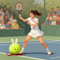 young adult women playing tennis with a ball shaped like a rabbit, blood stains on shirt, blood on tennis court, bleeding audience, illustration, traditional drawing style, dramatic mood, textured canvas, pastels, 8 k render octane high definition cgsociety