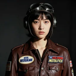 portrait photo in chiaroscuro style 1 9 7 0 s frontiers in flight leather suit made of sewn together motor racing logos cosplay fashion, roger deakins, ektachrome, 3 5 mm, beautiful three point perspective extreme closeup 3 / 4, highly detailed : incredibly realistic, youthful asian demure, perfect features, feminine cut,