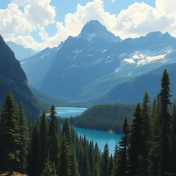 painting of a mountains landscape with a blue lake and a dense pines forest, a detailed matte painting by christophe vacher, matte painting, ultra detailed, matte drawing