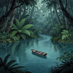 lonely boat floating on a river in the jungle, ferns, birds. digital drawing by wes anderson, amelie poulain, tim burton, tomm moore, guido crepax. ultra detailed, cool color palette.