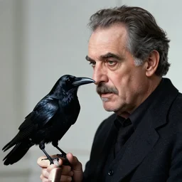 freud with a raven in almodovar style, detailed, 4 k