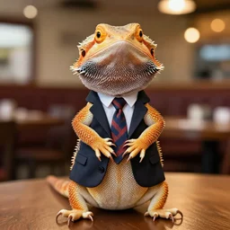 a bearded dragon standing up, with its paws crossed together, wearing a suit and tie in a restaurant.