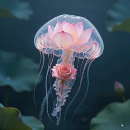 lotus swimming underwater like a jellyfish, transperent jellyfish head covers with the flower lotus, tentacles with rose, photographic, cinematic, photorealistic, volumetric lighting, detailed, smooth, artstation, octane render, wolp