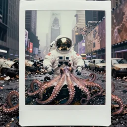 faded photographs of octopus!!! as american white spacesuit chubby astronaut in postapocalyptic abandoned destroyed times square, wrecked buildings, destroyed flipped wrecked cars, underwater polaroid photo, vintage, foggy, 1 9 8 5, neutral colors, rainy day, color photo by gregory crewdson