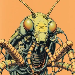 risograph grainy drawing vintage sci - fi, satoshi kon color palette, gigantic fat mantis full - body covered with robot parts and wires, with lot tentacles, codex seraphinianus painting by moebius and satoshi kon and dirk dzimirsky close - up portrait