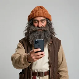 caveman holding iphone, portrait