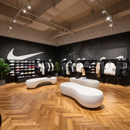 large nike boutique flagship retail. black walls with black artwork. timber flooring parquet aged oak. white curved sinuous furniture with colorful shoes and varied clothes. low ceilings with rails and spots. plants. muted colors. architectural photography, 8 k, realistic lighting, reflections, bloom, hyperdetailed environment, pbr materials.