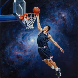 cosmic basketball player dunking a basketball hoop in a nebula, an oil painting, by ( leonardo da vinci ) and greg rutkowski and rafal olbinski and ross tran, award - winning magazine cover