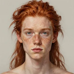 portrait of a thin young man with freckles and red hair in a ponytail, intricate, symetric, highly detailed, digital painting, artstation, sharp focus, illustration