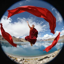 a fisheye lens shot on full - frame camera of tibetan monk flying over himalaya mountains lake in weightlessness in traditional red cloth. a lot of flying big red fabric around monk. sky and cloth fabric reflected in blue lake water. body movements looks like modern dance choreography. illustration by craig mullins, yoji shinkawa, trending on artstation, peter mohrbacher, hyper detailed,