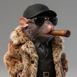 anthropomorphic gangster rat with a large cigar in its mouth, wearing a fur coat, wearing sunglasses and a cap, long fur, anthropomorphic rat, detailed, 3 d render, 4 k, pixar