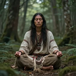 meditating shaman in forest, artstation, realistic, nature, best art,