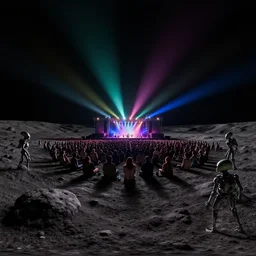 360º, equirectangular, View of the scenario of an outdoor rock concert in a lunar landscape, darkness, night lighting, colored spotlights, psychdelic lights, a gloom, much public to the stage looking at the concert, the public is formed by aliens and robots, style Alexander Jansson, realistic, many details, ultra detailed, render, render Vray, octane render, rendering, unreal Engine5, HDRI, 360º, equirectangular