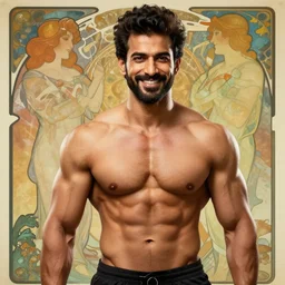 smiling bodybuilder avan jogia, abstract background, alphonse mucha, rhads, ross tran, artstation, artgerm, octane render, 1 6 k