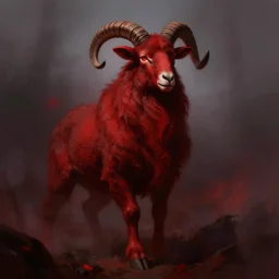 lamb man digital art by frank frazetta, human lamb hybrid, cult of the lamb, deep crimson and dark shadows, foggy background, ambient glow