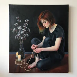 painting of emo girl tying hemp rope in her apartment, ikebana, black walls, candles, moody, acrylic and oilstick on canvas