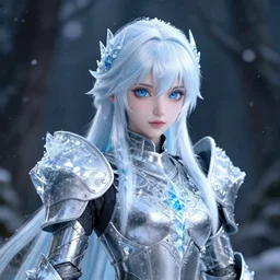 portrait focus of knight beautiful 3D anime girl, silver Frozen ice crystal armor wearing, dark forest background, snowing, bokeh, inspired by Masami Kurumada, digital painting, high contrast, unreal engine render, volumetric lighting, high détail