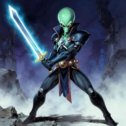 alien samurai holding his quantum sword by roger dean