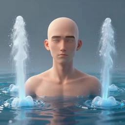 a balded man surrounded by water geysers, artstation, award winning