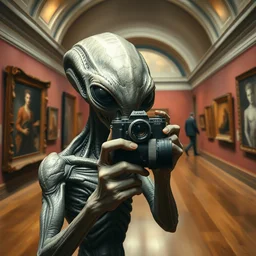 museum painting, alien holding a camera, sharp focus, highly detailed, digital art, matte painting, masterpiece, by artgerm, by greg rutkowski