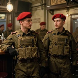 modern red berets soldiers inside of a pub, by valentin serov tretiakov gallery, soldiers wearing tactical clothing, 2 1 st century, cinematic, award winning